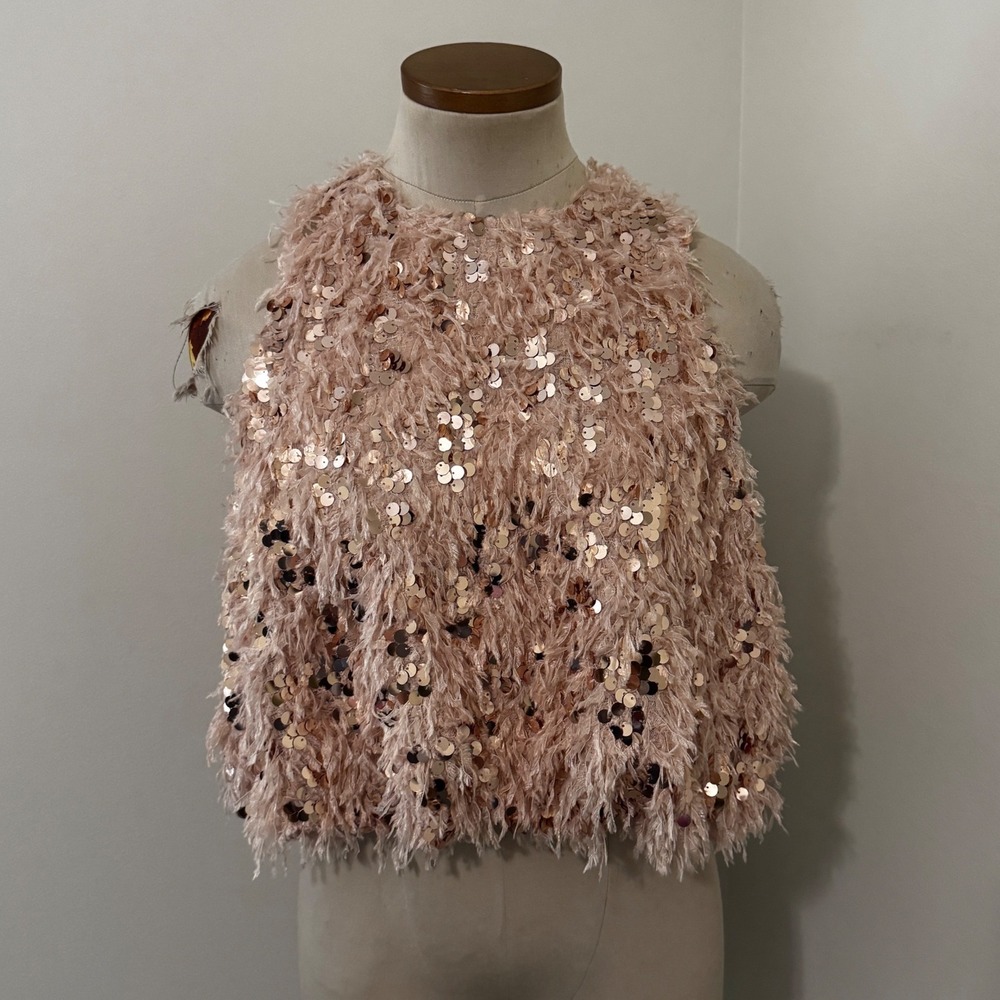 Zara Medium Frayed Fluffy Sequin Cropped Sleeveless Top Party Going Out Club